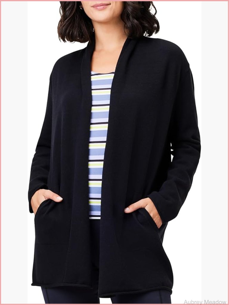 Open Front Shawl Collar Cardigan With Pockets, Relaxed Fit, M